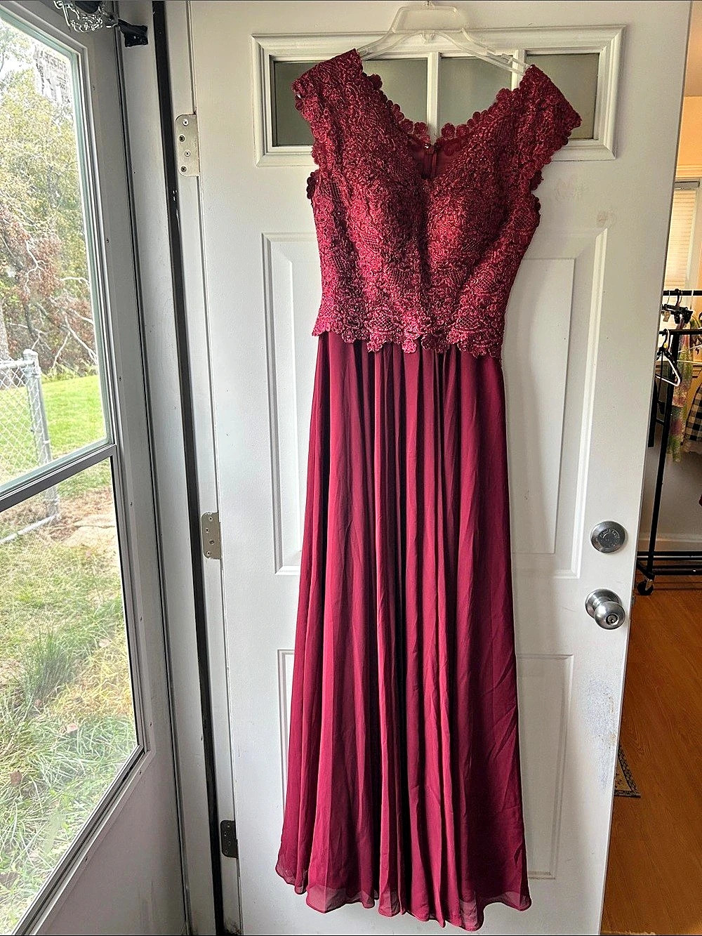 Let's Burgundy Lace Maxi Dress Like New